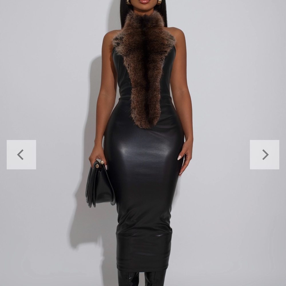 Elegant Black Faux Leather Dress with Brown Fur Trim